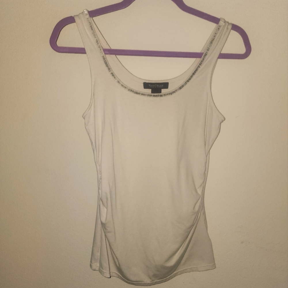 White House, Black Market Rouched Tank Top with beaded trimmed neck size XS